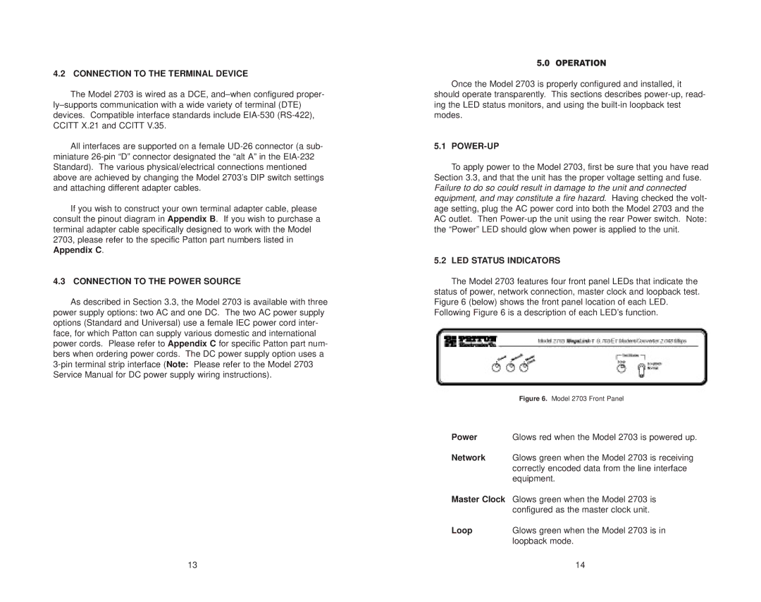 Patton electronic 2703 Connection to the Terminal Device, Connection to the Power Source, Power-Up, LED Status Indicators 