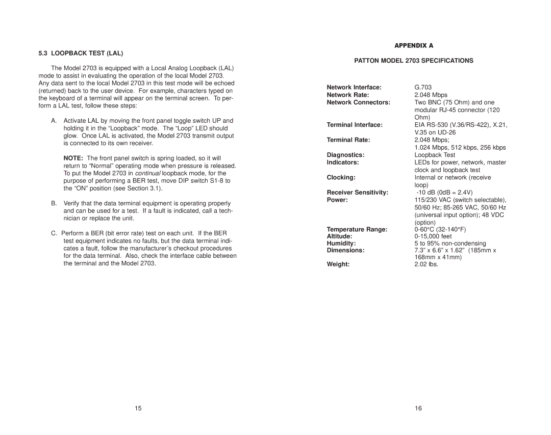 Patton electronic user manual Loopback Test LAL, Patton Model 2703 Specifications 