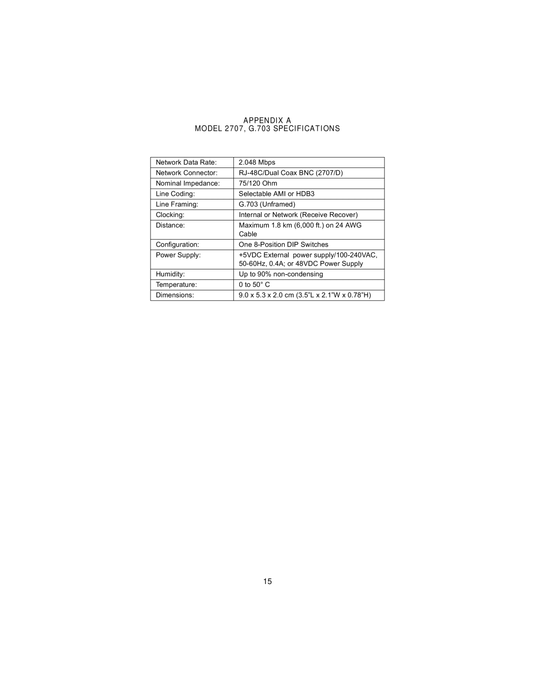 Patton electronic 2707C, 2707D user manual Appendix a Model 2707, G.703 Specifications, 1RPLQDO,PSHGDQFH 