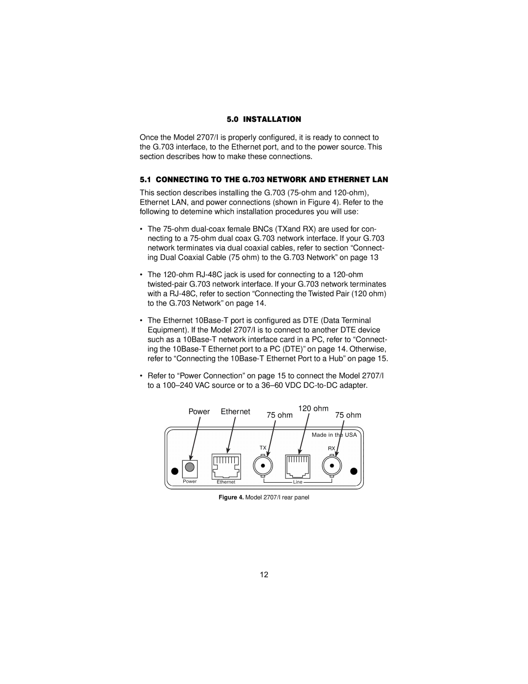 Patton electronic 2707/I user manual Installation, Connecting to the G.703 Network and Ethernet LAN 