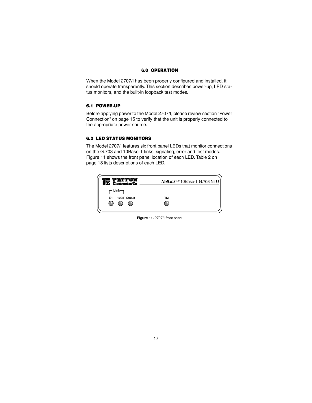 Patton electronic 2707/I user manual Operation, Power-Up, LED Status Monitors 