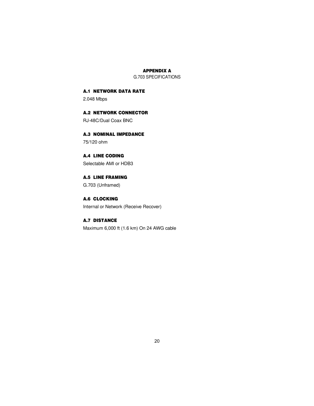 Patton electronic 2707/I Appendix a, Network Data Rate, Network Connector, Nominal Impedance, Line Coding, Line Framing 