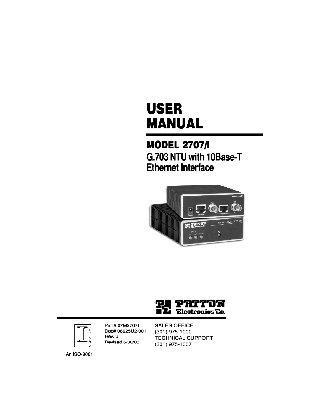 Patton electronic user manual User Manual, MODEL 2707/I G.703 NTU with 10Base-T Ethernet Interface 
