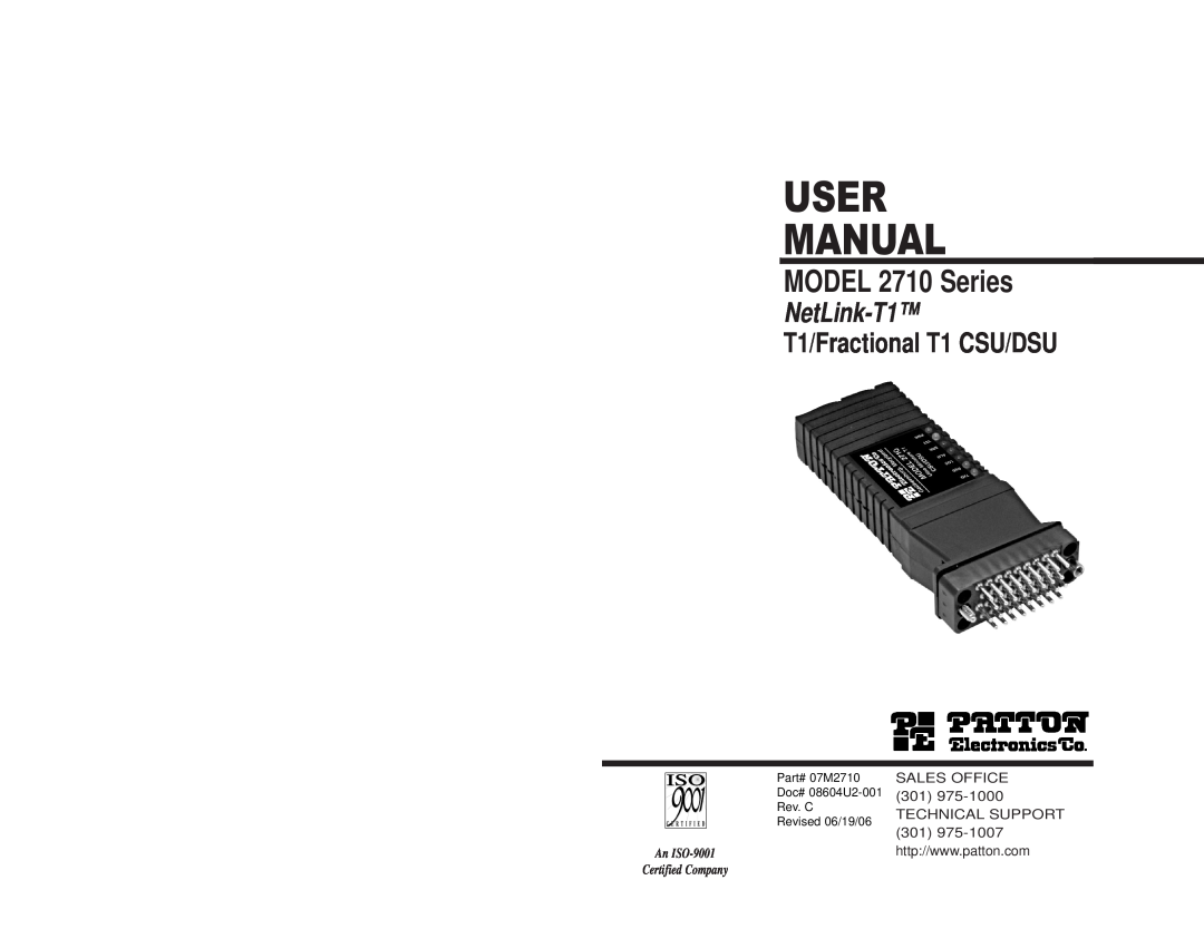 Patton electronic user manual User Manual, MODEL 2710 Series, NetLink-T1, T1/Fractional T1 CSU/DSU, Sales Office 