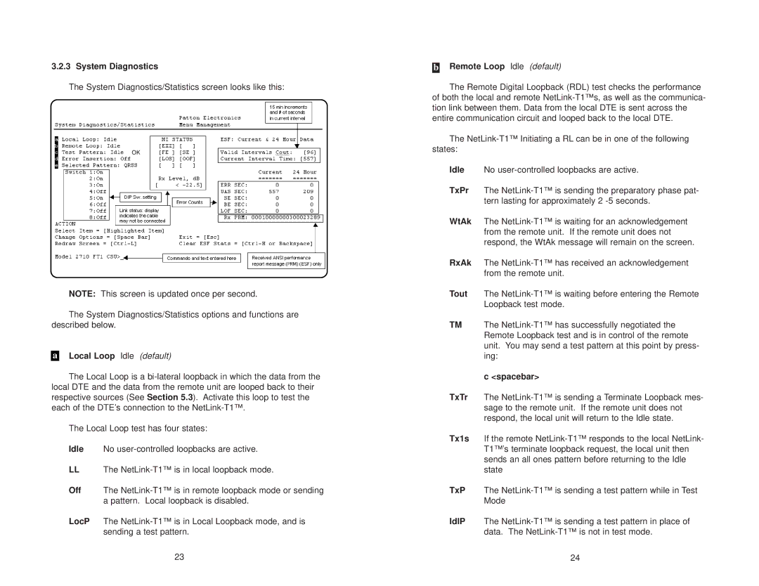 Patton electronic 2710 user manual System Diagnostics, Local Loop Idle default, Remote Loop Idle default, Spacebar 