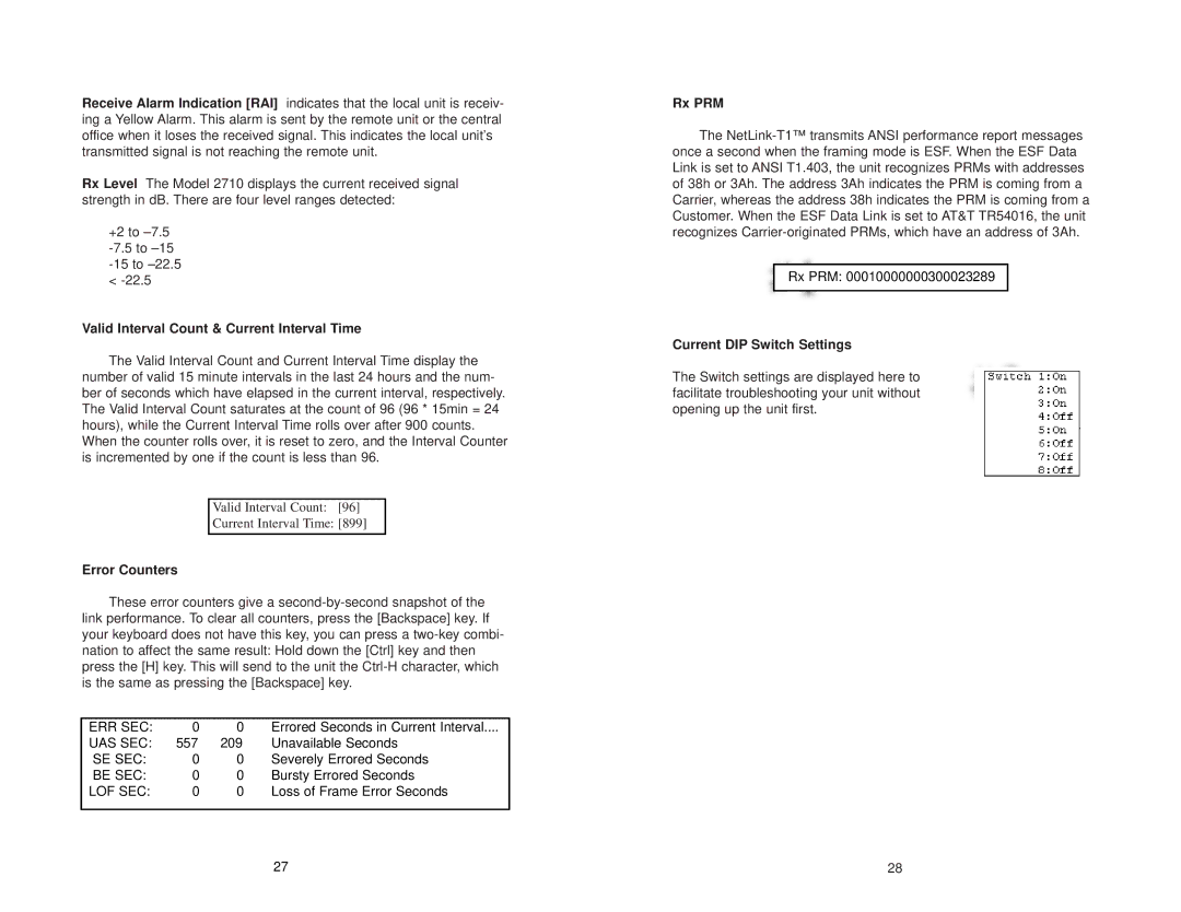 Patton electronic 2710 Valid Interval Count & Current Interval Time, Error Counters, Rx PRM, Current DIP Switch Settings 