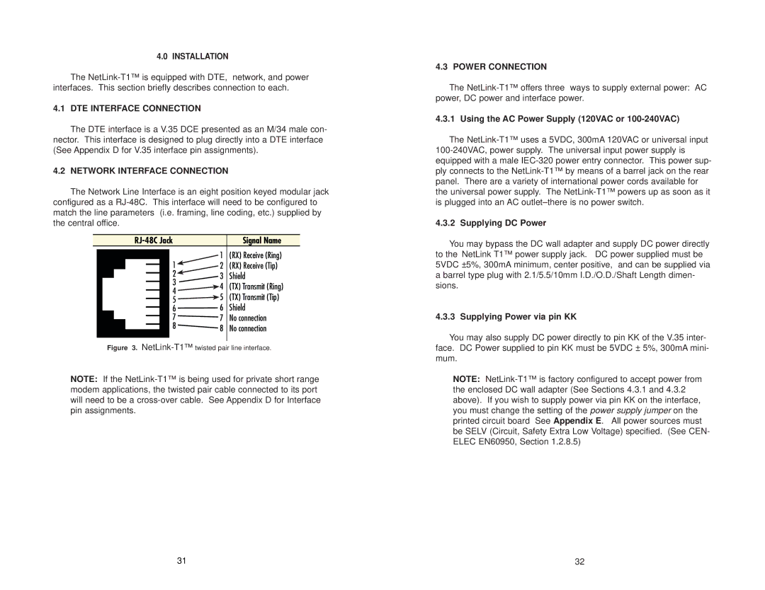 Patton electronic 2710 user manual DTE Interface Connection, Network Interface Connection, Power Connection 