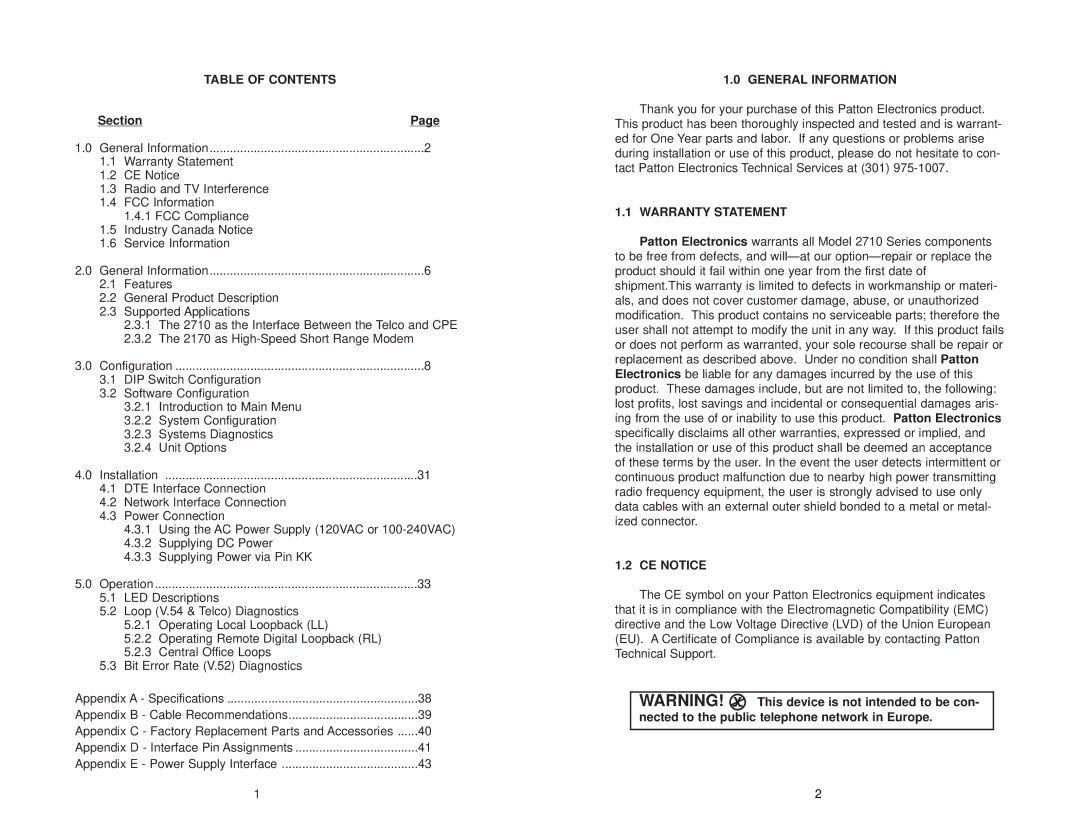 Patton electronic 2710 user manual Table of Contents, General Information, Warranty Statement, CE Notice 