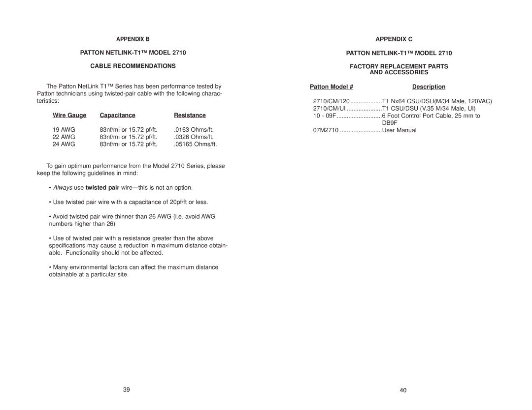 Patton electronic 2710 user manual Patton NETLINK-T1 Model Cable Recommendations, Wire Gauge Capacitance Resistance 