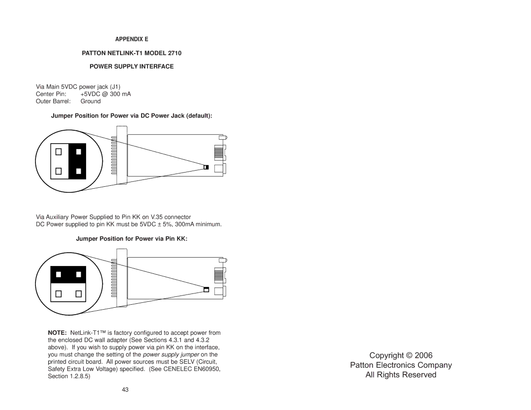 Patton electronic 2710 Patton NETLINK-T1 Model Power Supply Interface, Jumper Position for Power via DC Power Jack default 