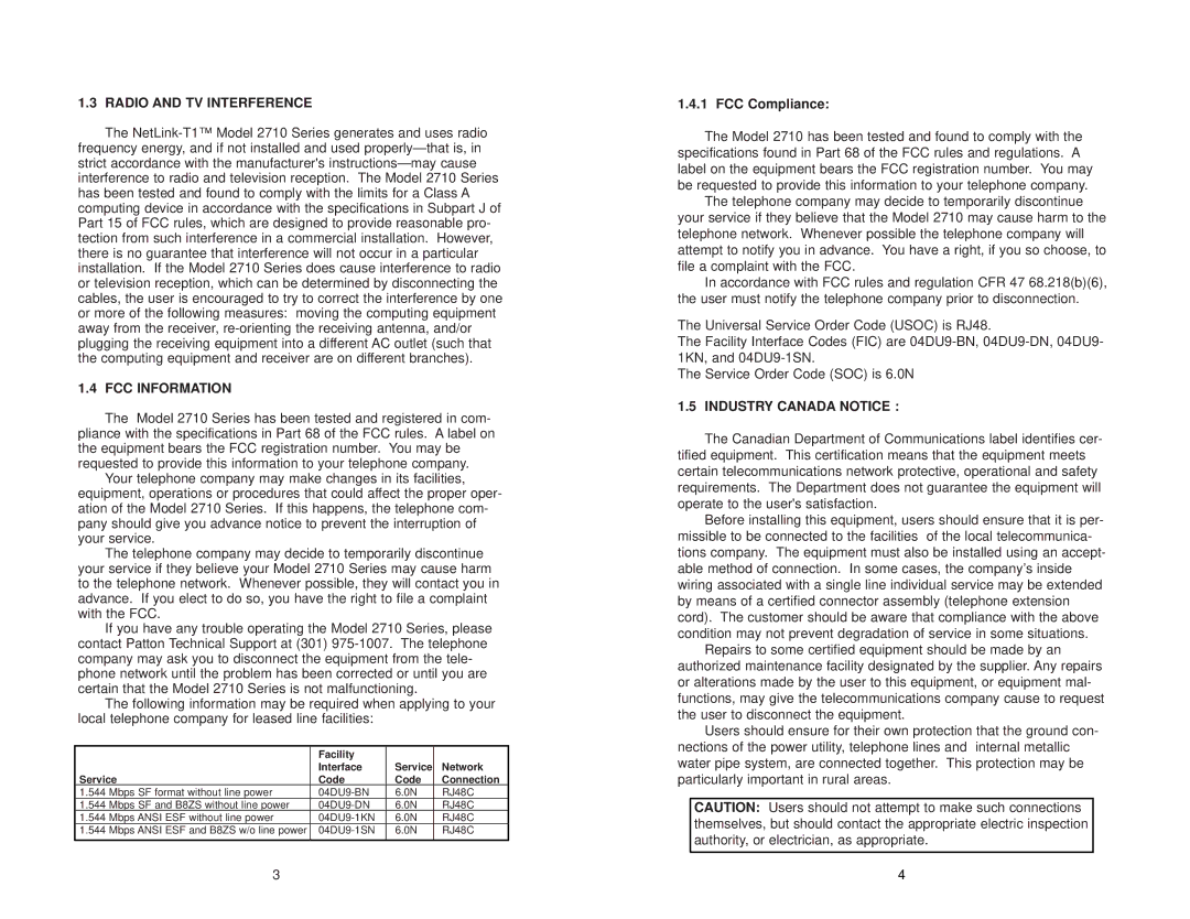 Patton electronic 2710 user manual Radio and TV Interference, FCC Information, FCC Compliance, Industry Canada Notice 