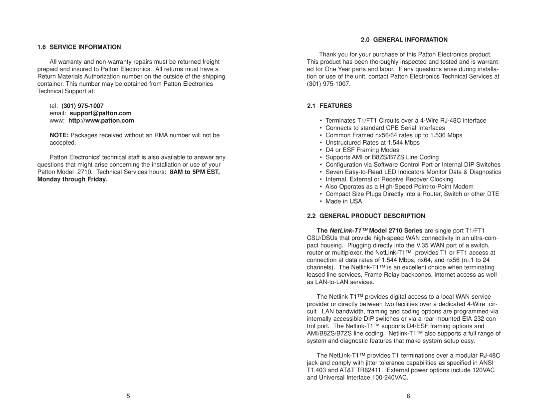 Patton electronic 2710 user manual Service Information, Tel 301 Email support@patton.com, Monday through Friday, Features 