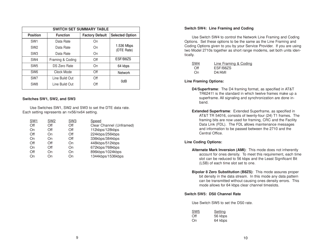 Patton electronic 2710 user manual Switch SET Summary Table, Switches SW1, SW2, and SW3, Switch SW4 Line Framing and Coding 