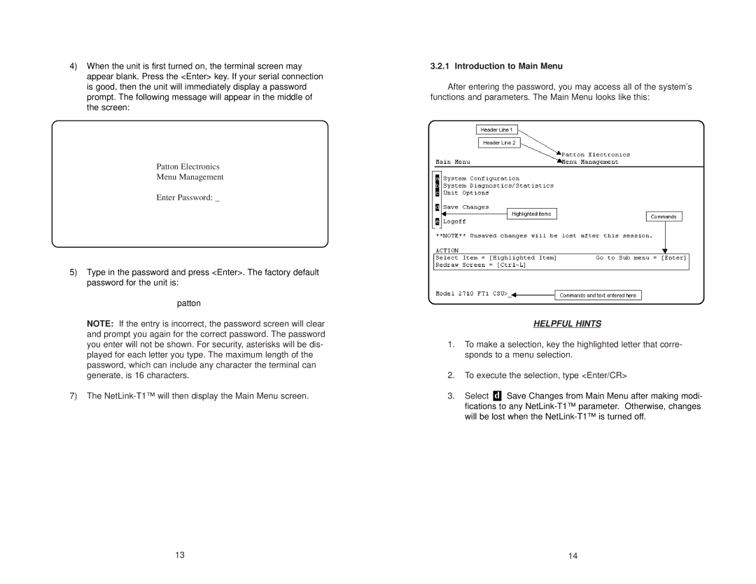 Patton electronic 2710 user manual Introduction to Main Menu, Helpful Hints 