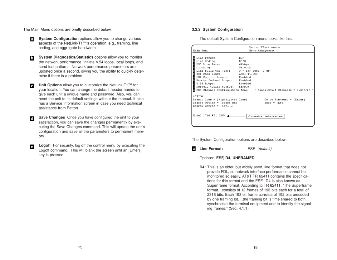 Patton electronic 2710 user manual System Configuration, Line FormatESF default Options ESF, D4, Unframed 