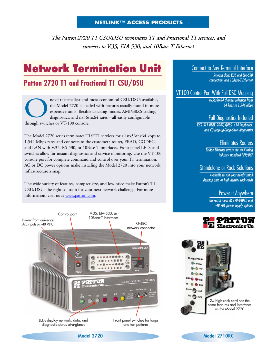 Patton electronic manual Network Termination Unit, Patton 2720 T1 and Fractional T1 CSU/DSU, Eliminates Routers, Model 