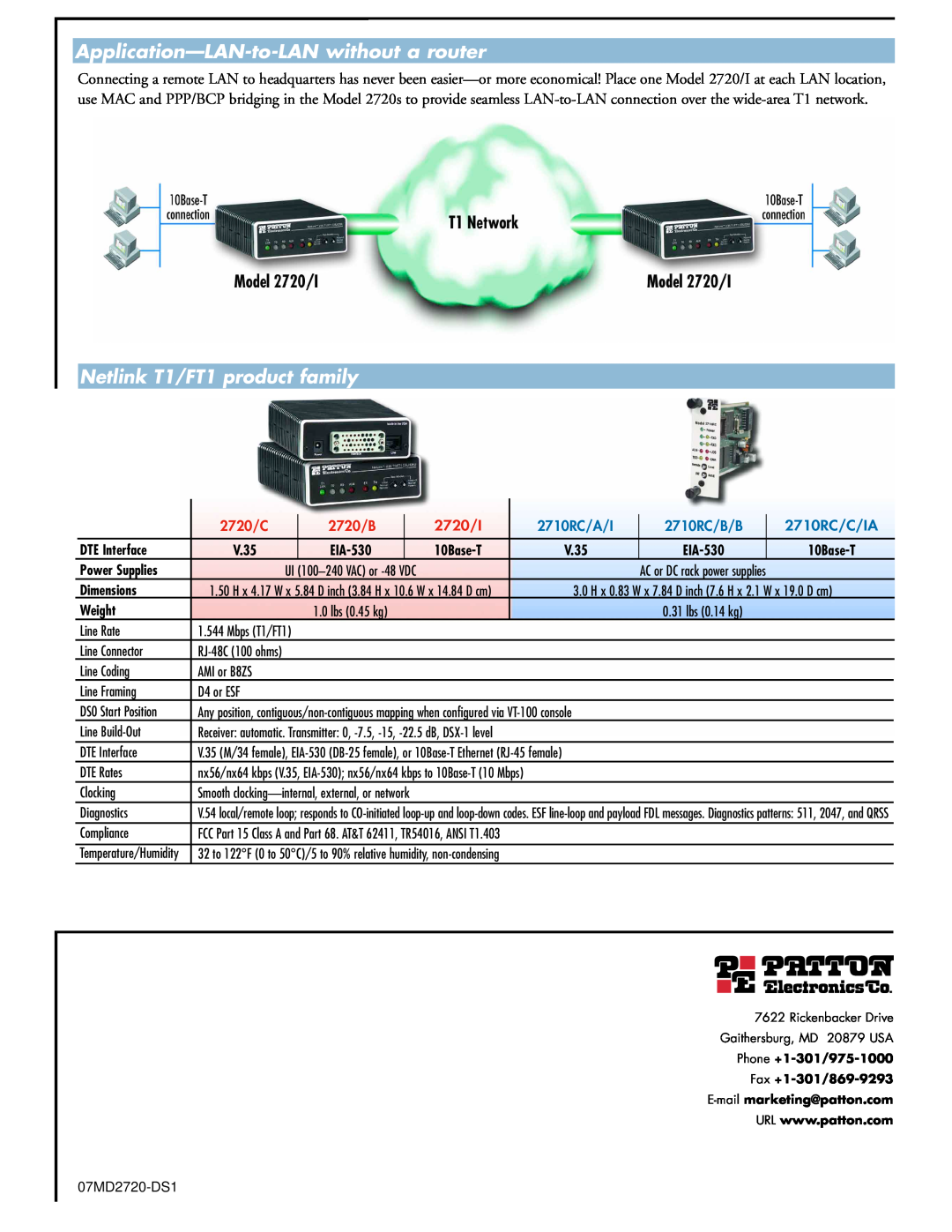 Patton electronic 2720 T1 Application-LAN-to-LAN without a router, Netlink T1/FT1 product family, 2720/C, 2720/B, 2720/I 