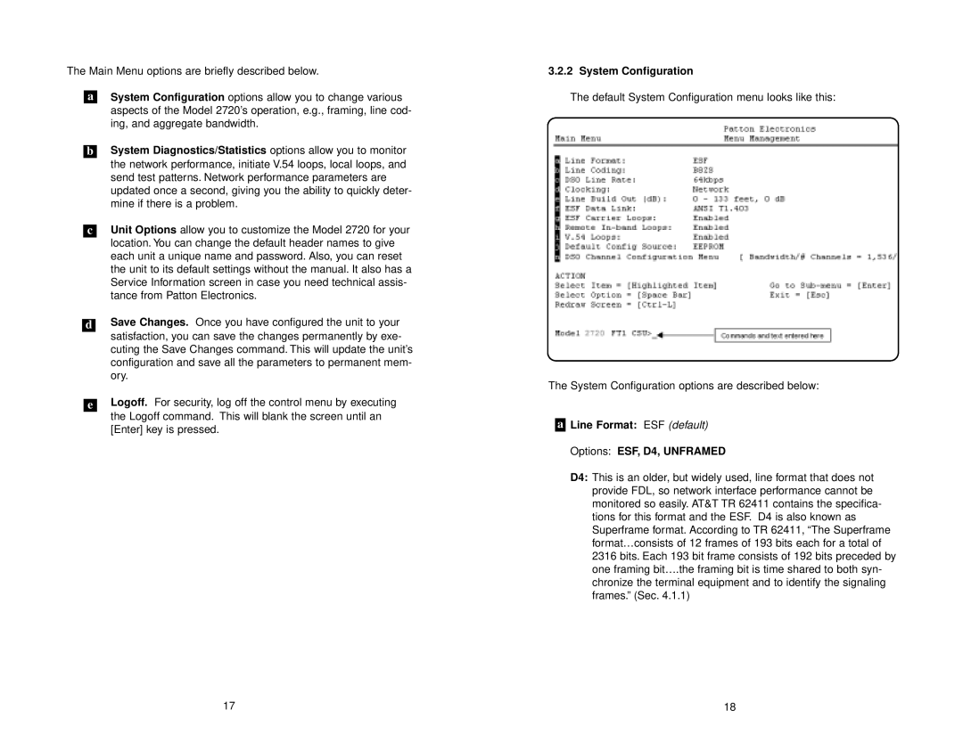 Patton electronic 2720 user manual System Configuration, Line Format ESF default Options ESF, D4, Unframed 