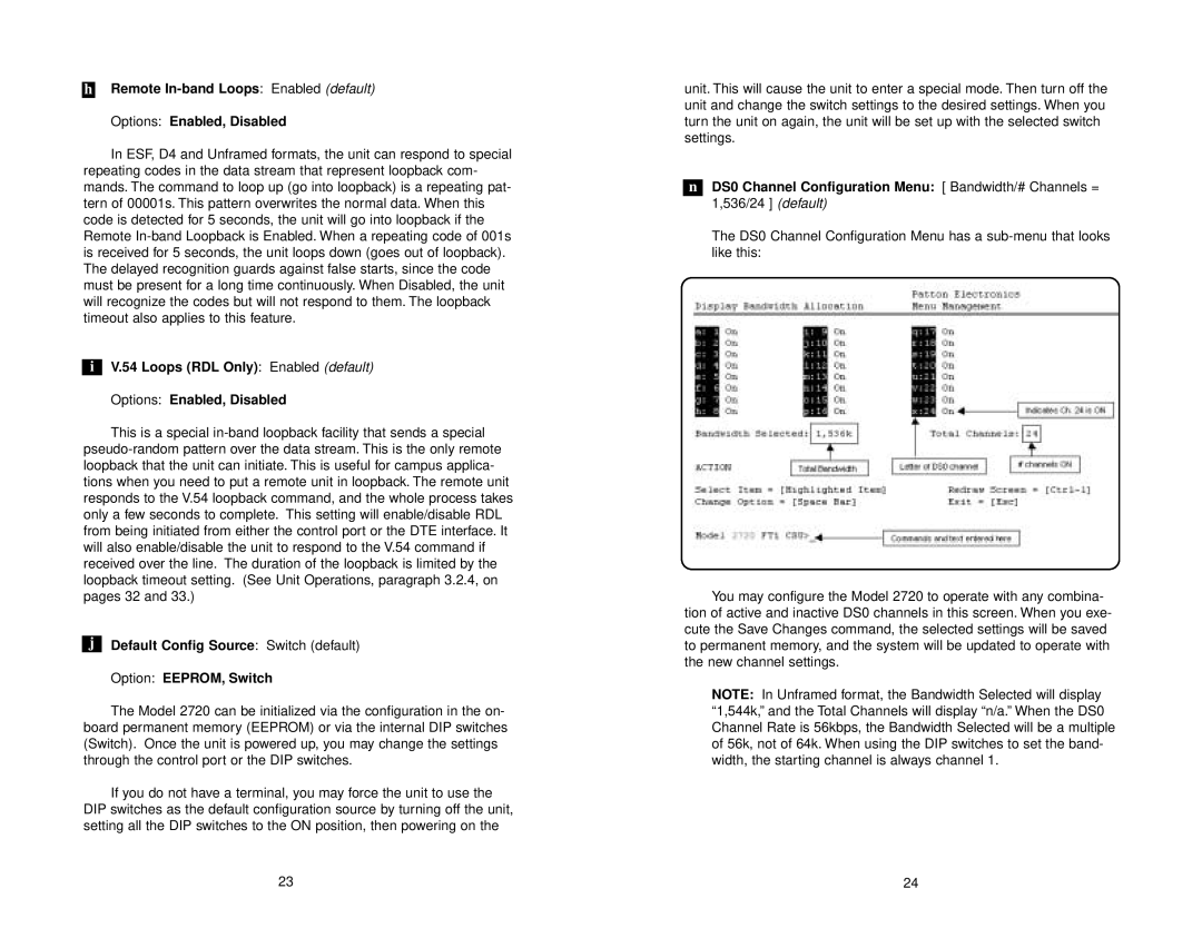 Patton electronic 2720 user manual Loops RDL Only Enabled default Options Enabled, Disabled 