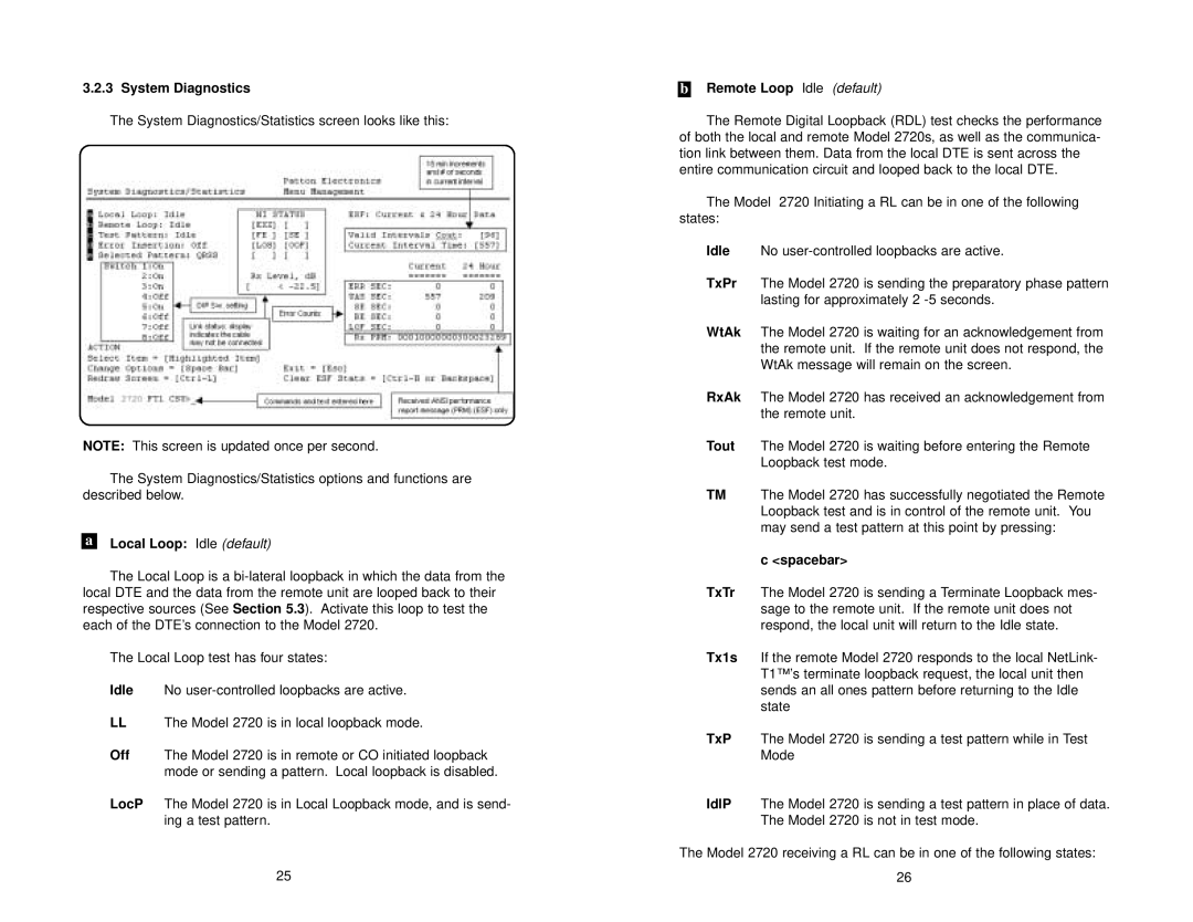 Patton electronic 2720 user manual System Diagnostics, Local Loop Idle default, Remote Loop Idle default, Spacebar 