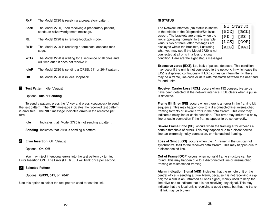 Patton electronic 2720 Test Pattern Idle default Options Idle or Sending, Error Insertion Off default Options On, Off 