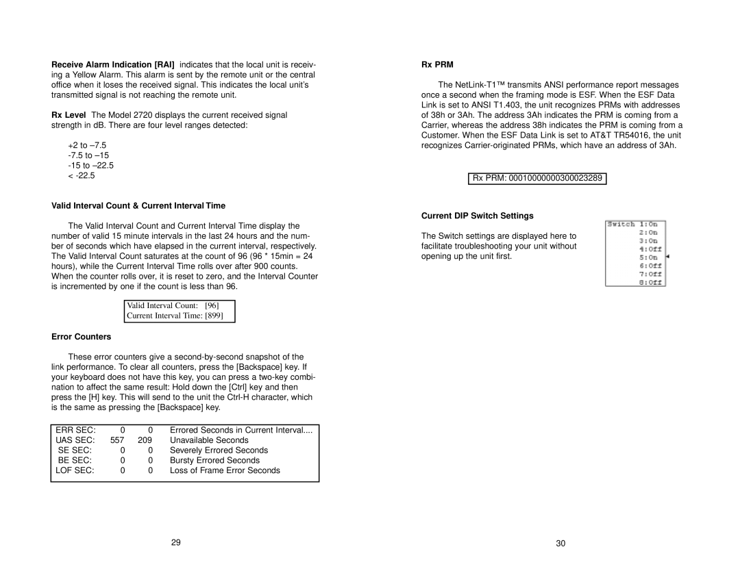 Patton electronic 2720 Valid Interval Count & Current Interval Time, Error Counters, Rx PRM, Current DIP Switch Settings 