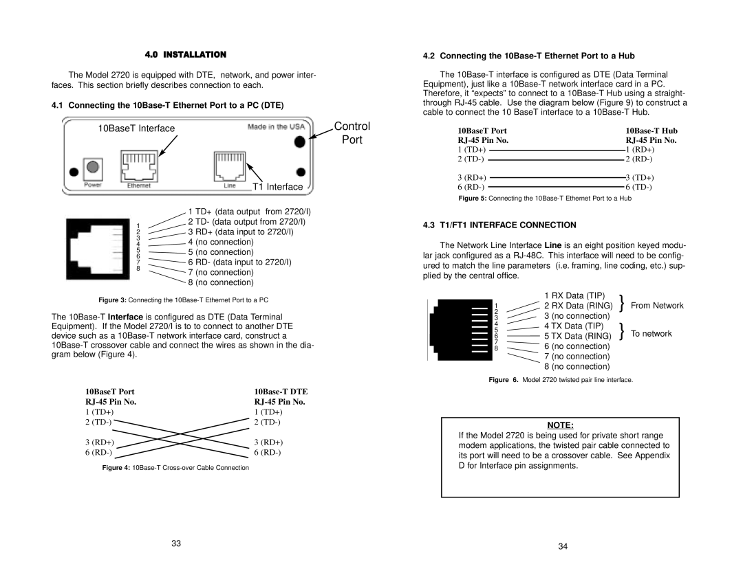 Patton electronic 2720 Connecting the 10Base-T Ethernet Port to a PC DTE, Connecting the 10Base-T Ethernet Port to a Hub 