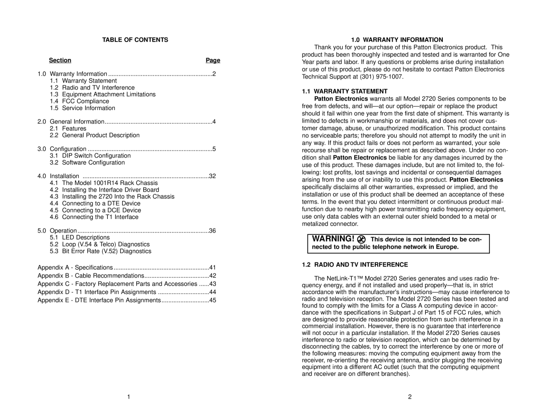 Patton electronic 2720 user manual Table of Contents, Warranty Information, Warranty Statement, Radio and TV Interference 