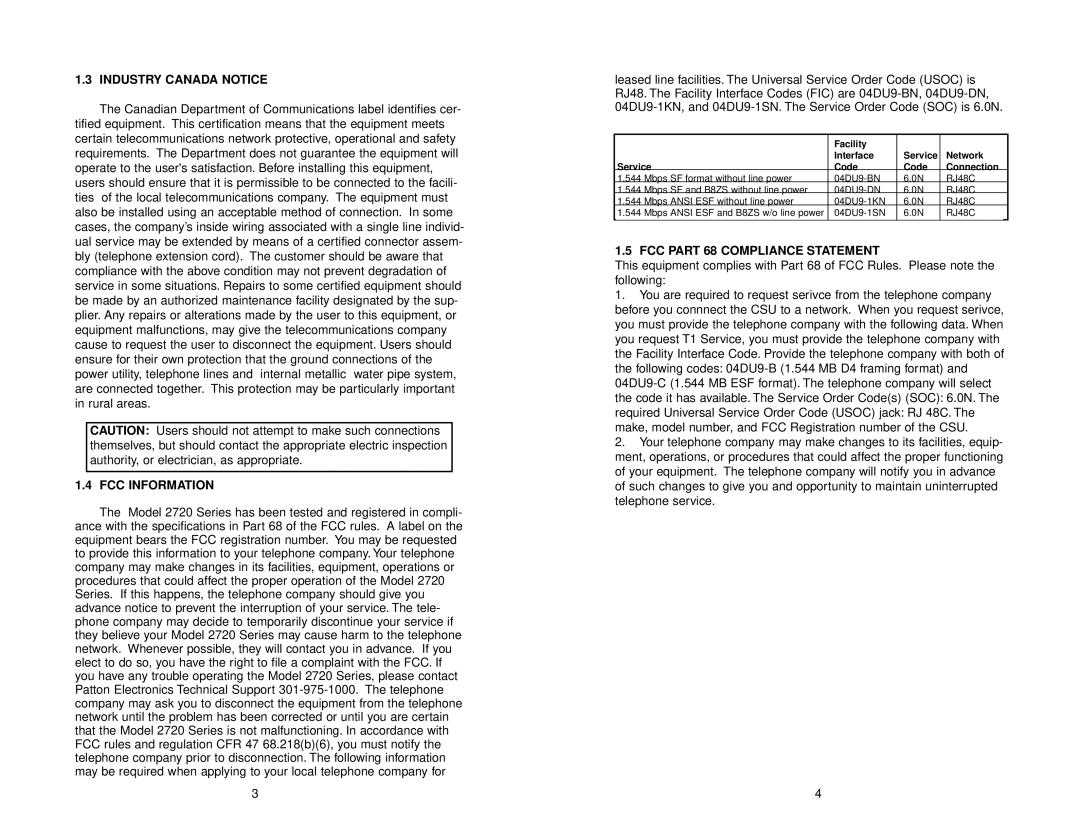 Patton electronic 2720 user manual Industry Canada Notice, FCC Information, FCC Part 68 Compliance Statement 