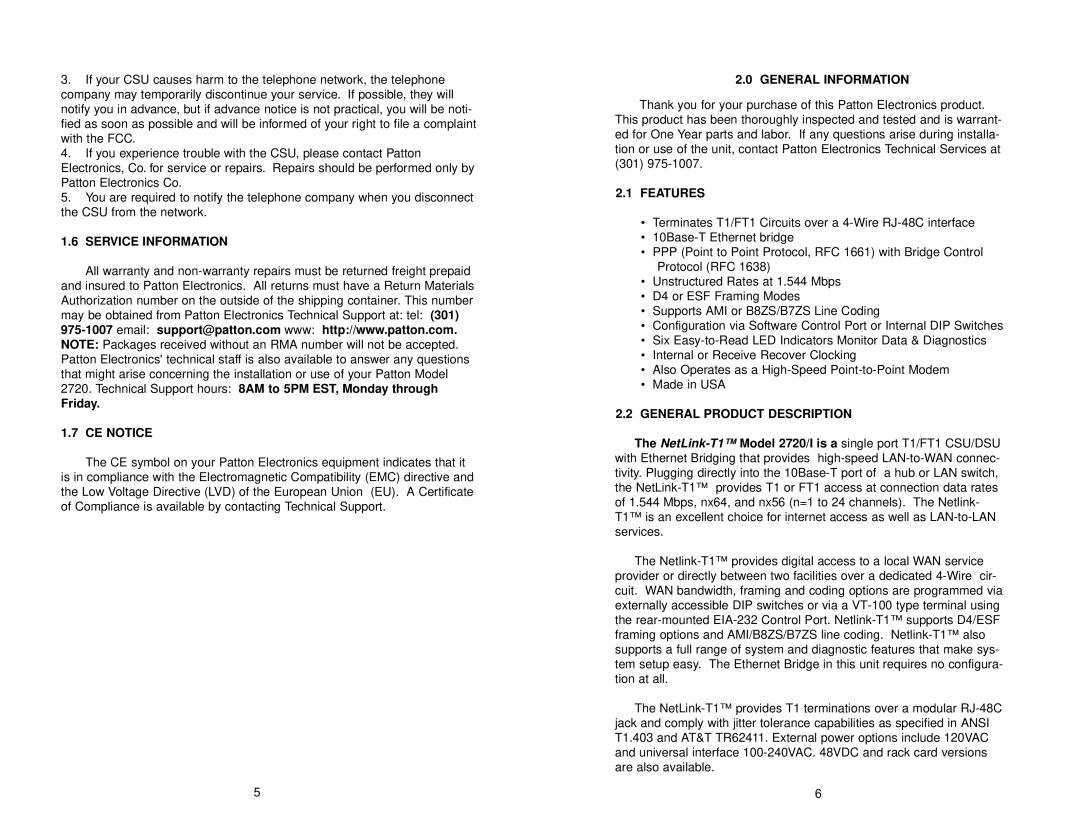 Patton electronic 2720 Service Information, CE Notice, General Information, Features, General Product Description 