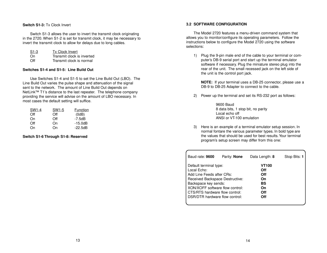 Patton electronic 2720 Switches S1-4 and S1-5 Line Build Out, Switch S1-6 Through S1-8 Reserved, Software Configuration 