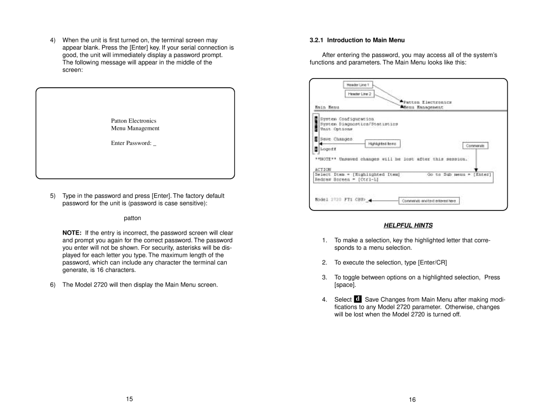 Patton electronic 2720 user manual Introduction to Main Menu, Helpful Hints 