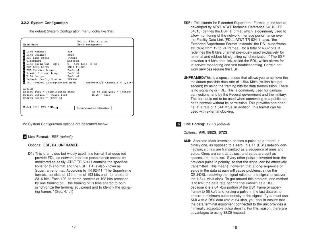 Patton electronic 2720/I Series user manual System Configuration, Line Format ESF default Options ESF, D4, Unframed 