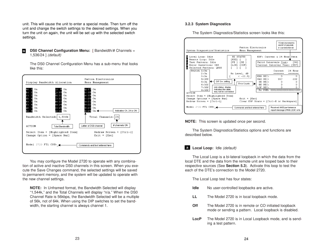 Patton electronic 2720/I Series user manual System Diagnostics, Local Loop Idle default 