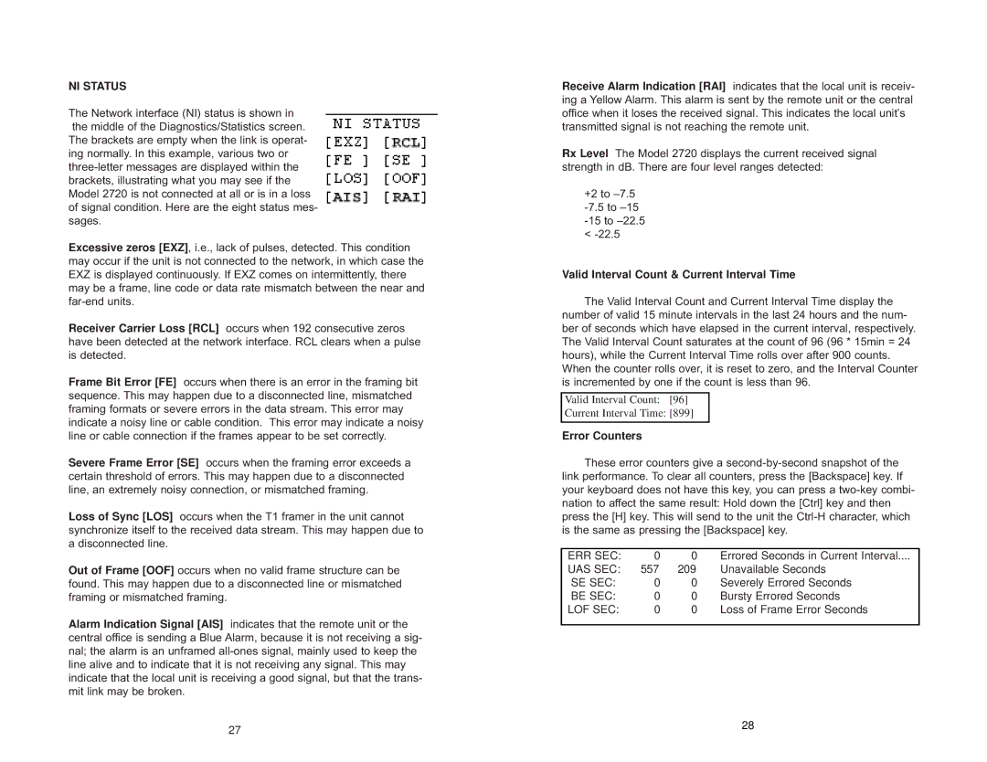 Patton electronic 2720/I Series user manual NI Status, Valid Interval Count & Current Interval Time, Error Counters 