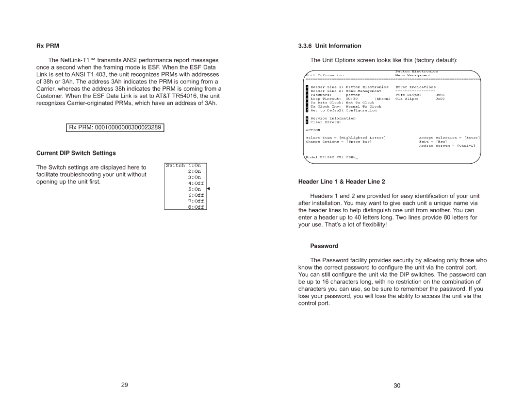 Patton electronic 2720/I Series Rx PRM, Current DIP Switch Settings, Unit Information, Header Line 1 & Header Line 