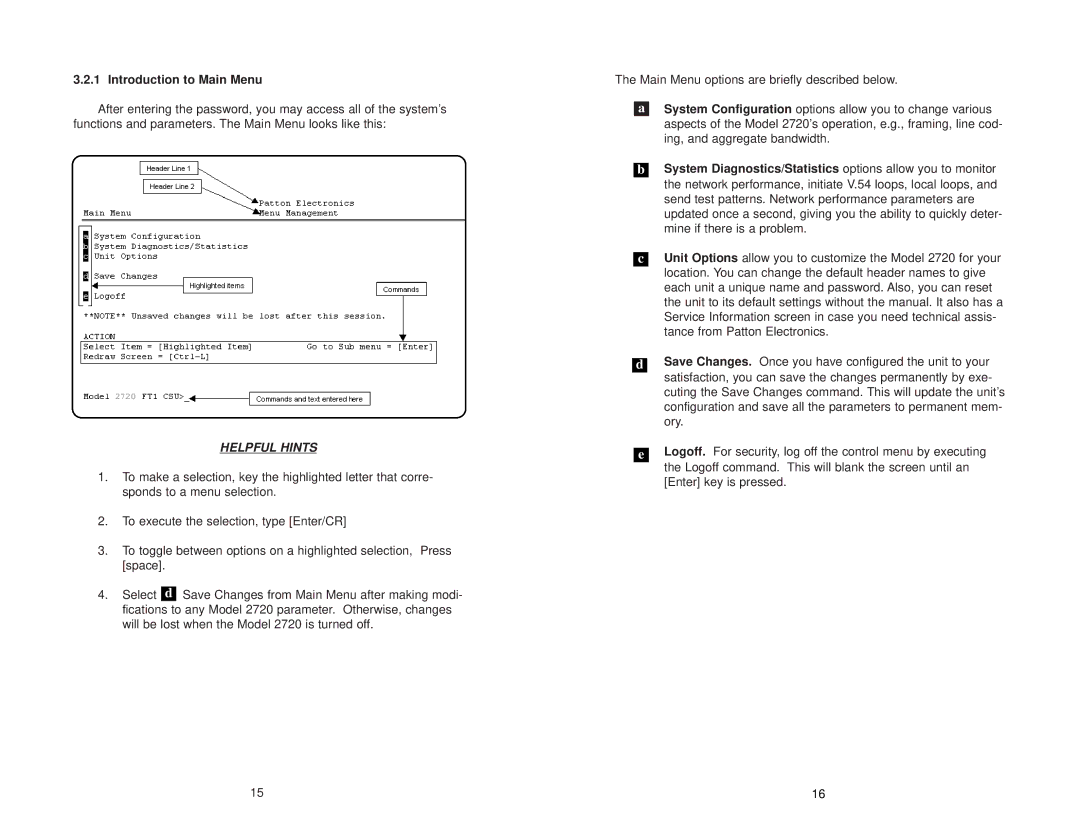 Patton electronic 2720/I Series user manual Introduction to Main Menu, Helpful Hints 