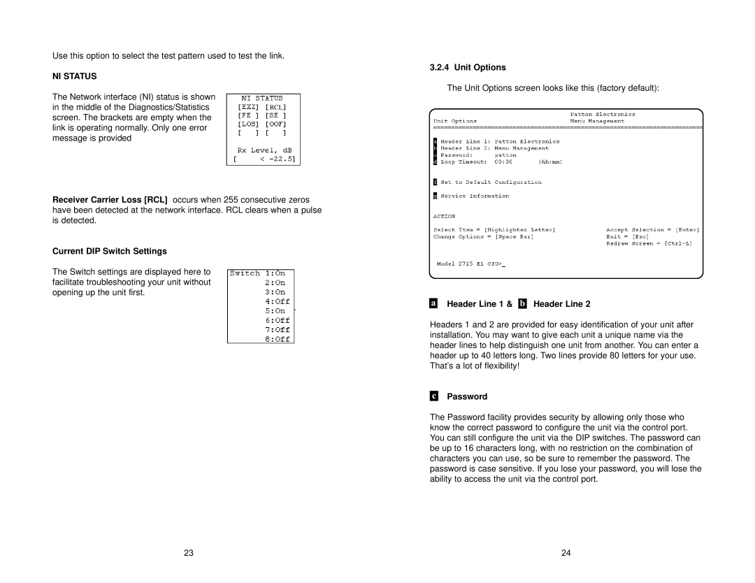 Patton electronic 2715, 275 NI Status, Current DIP Switch Settings, Unit Options, Header Line 1 & b Header Line, Password 