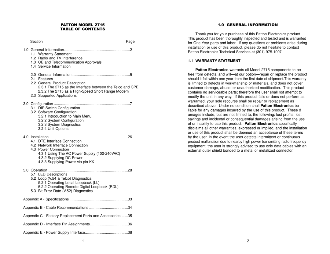 Patton electronic Network Hardware, 275, 2715 Patton Model Table of Contents, General Information, Warranty Statement 