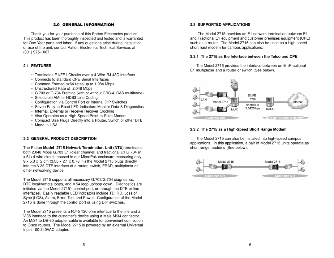 Patton electronic 2715 Features, General Product Description, Supported Applications, as a High-Speed Short Range Modem 