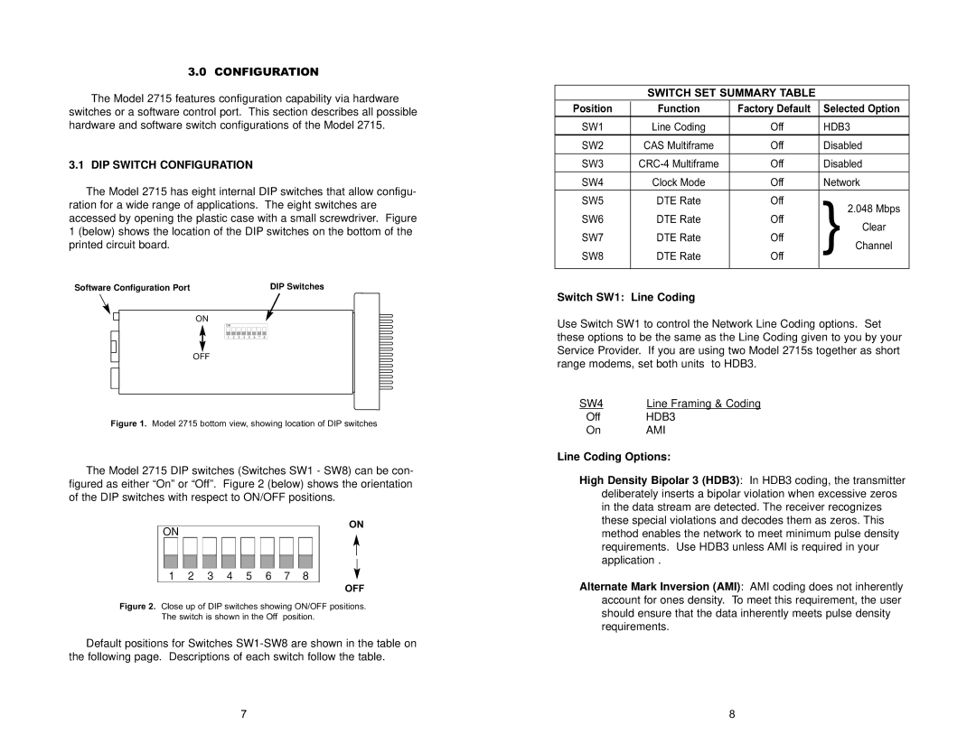 Patton electronic Network Hardware, 275 DIP Switch Configuration, Switch SET Summary Table, Switch SW1 Line Coding 