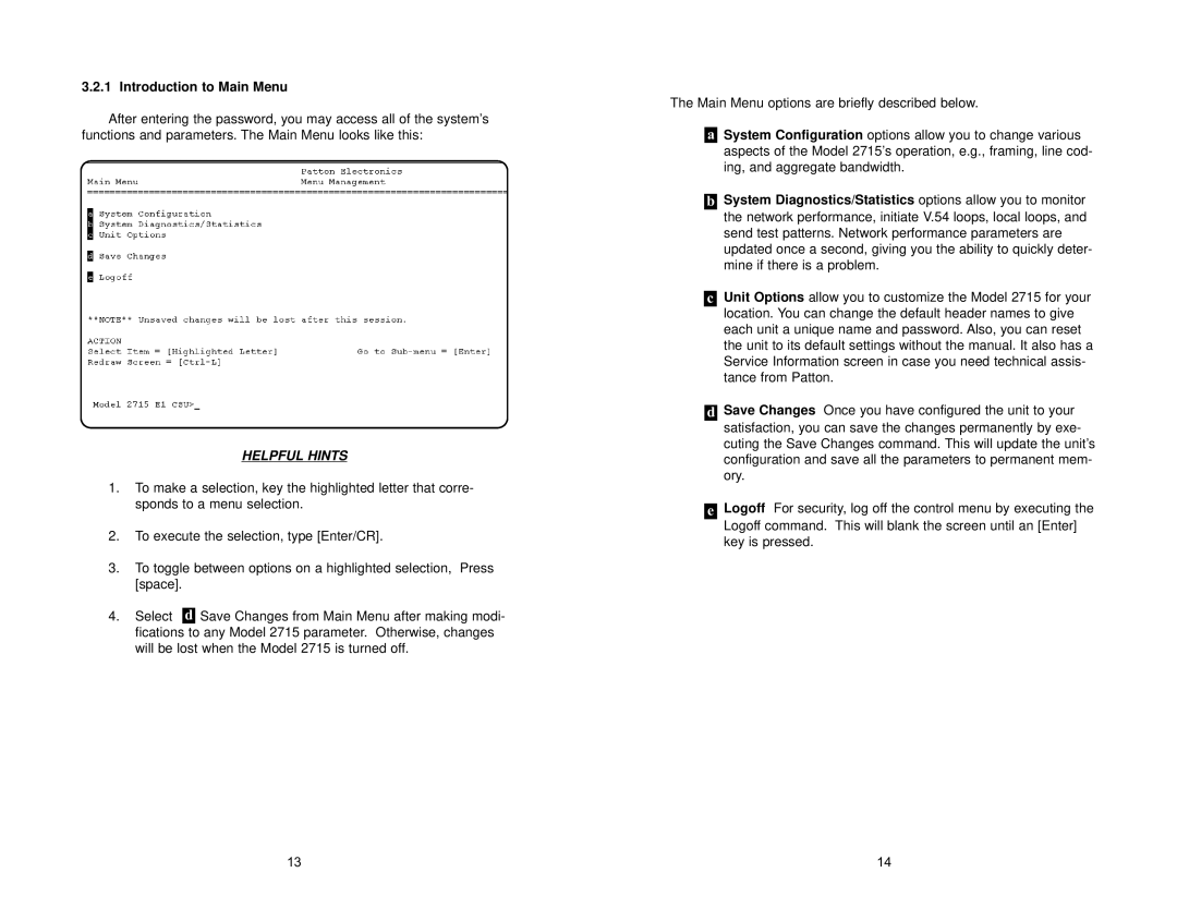 Patton electronic Network Hardware, 275, 2715 user manual Introduction to Main Menu, Helpful Hints 