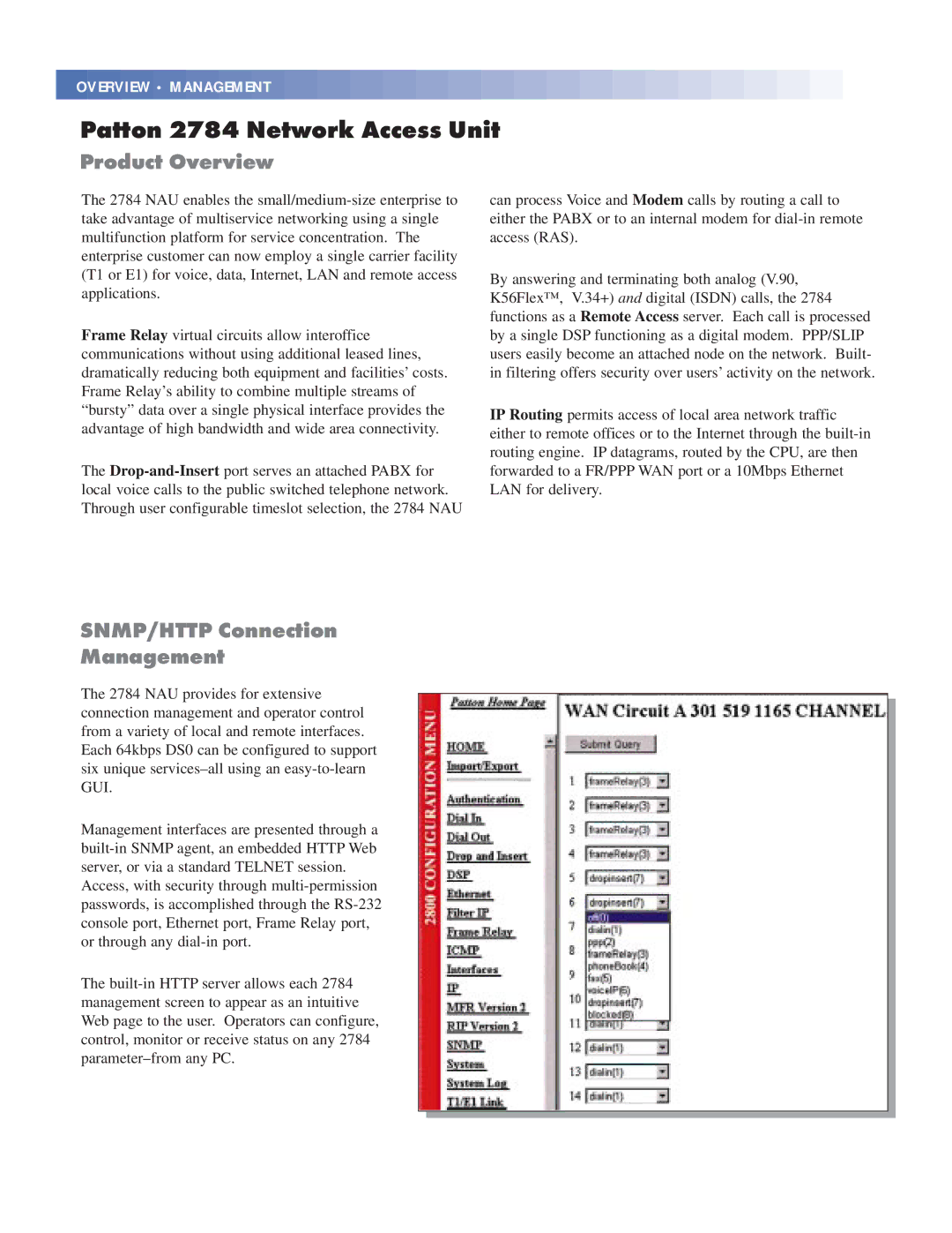 Patton electronic 2784 NAU manual Patton 2784 Network Access Unit, Product Overview, SNMP/HTTP Connection Management 