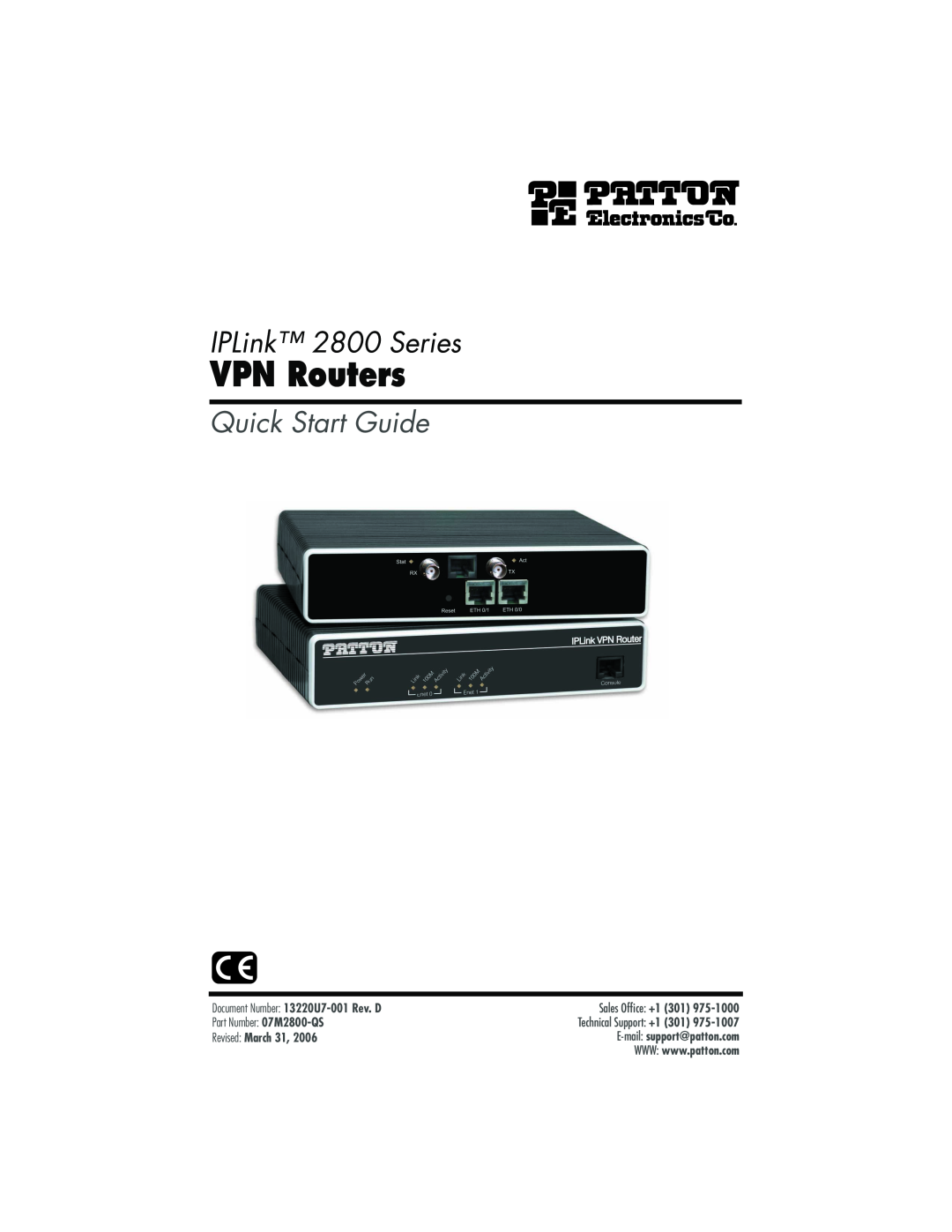 Patton electronic quick start VPN Routers, IPLink 2800 Series, Quick Start Guide, Document Number 13220U7-001 Rev. D 