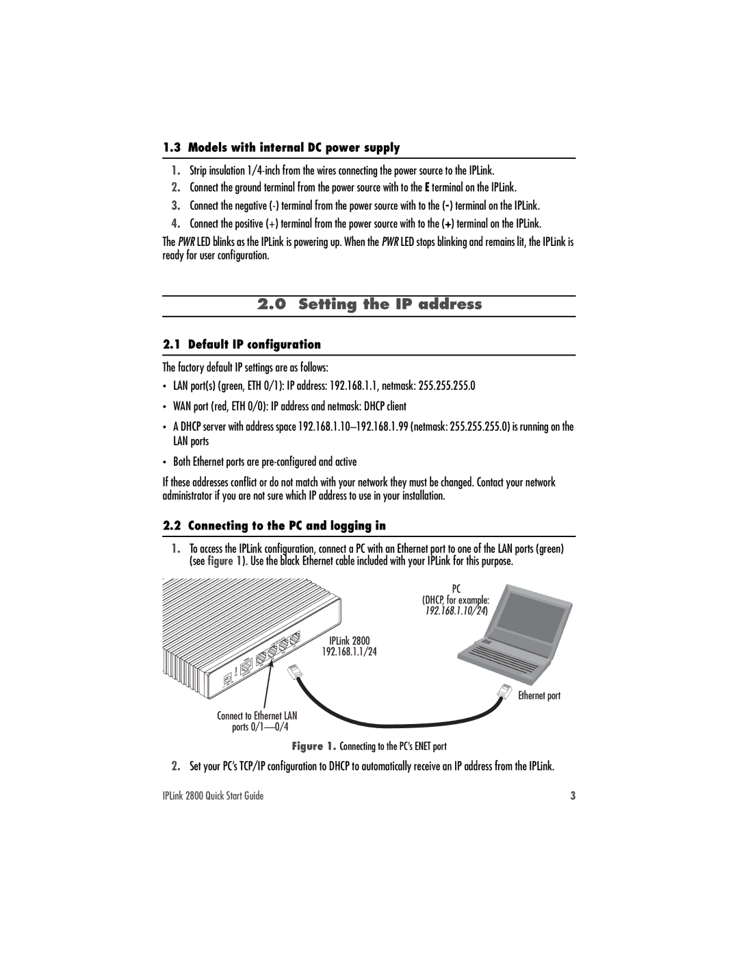 Patton electronic 2800 quick start Setting the IP address, Models with internal DC power supply, Default IP conﬁguration 