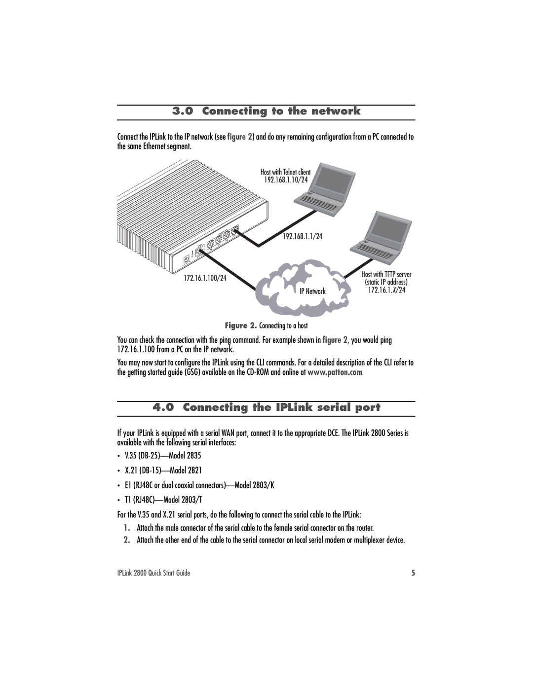 Patton electronic 2800 quick start Connecting to the network, Connecting the IPLink serial port 