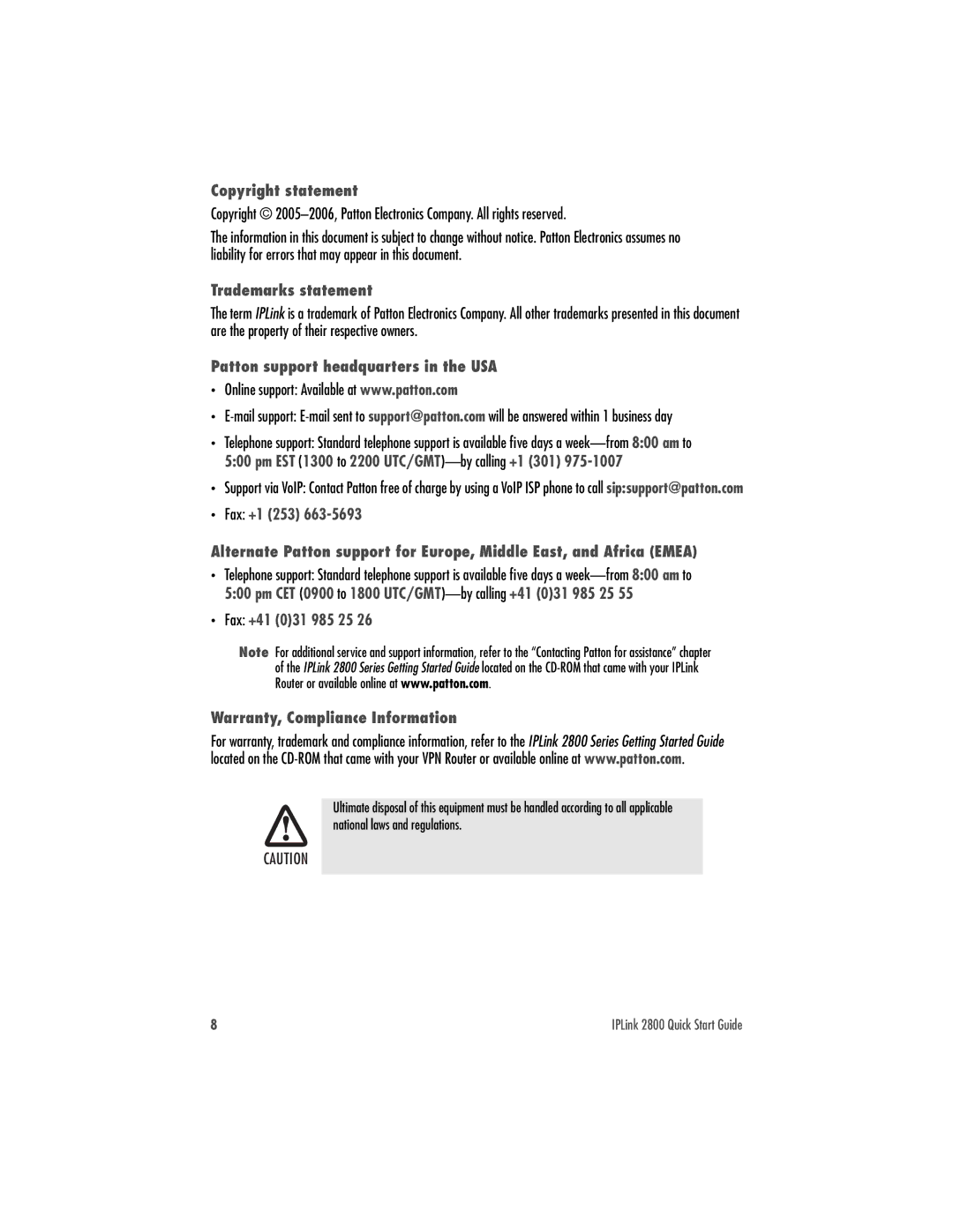 Patton electronic 2800 quick start Copyright statement 