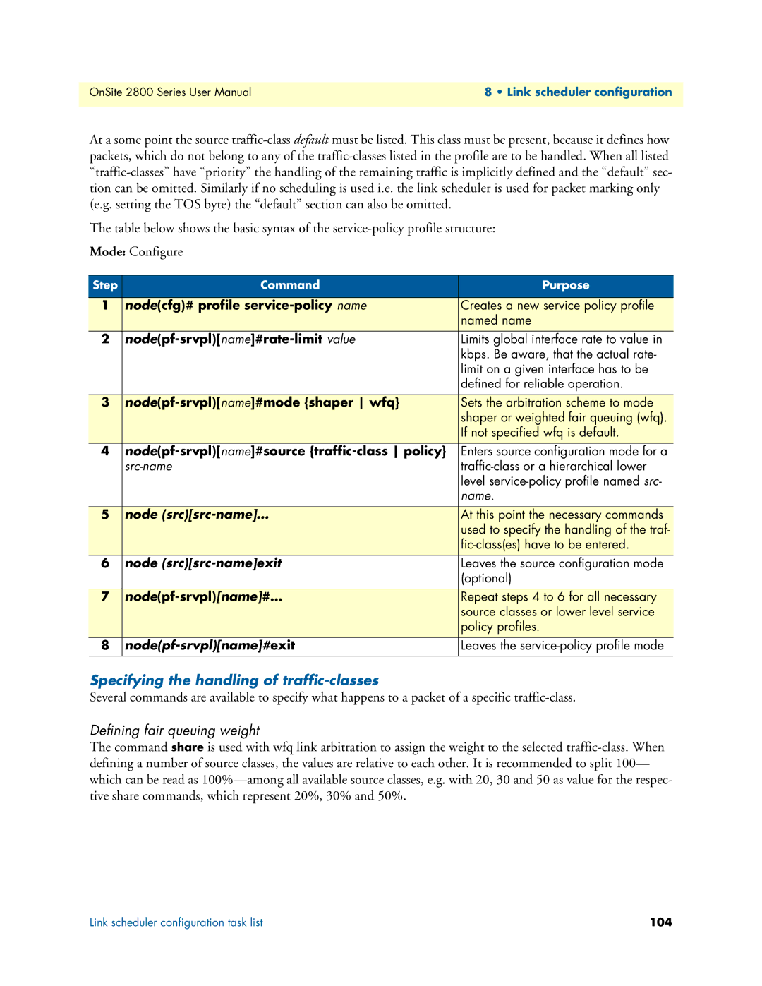 Patton electronic 2800 user manual Specifying the handling of traffic-classes, Defining fair queuing weight 