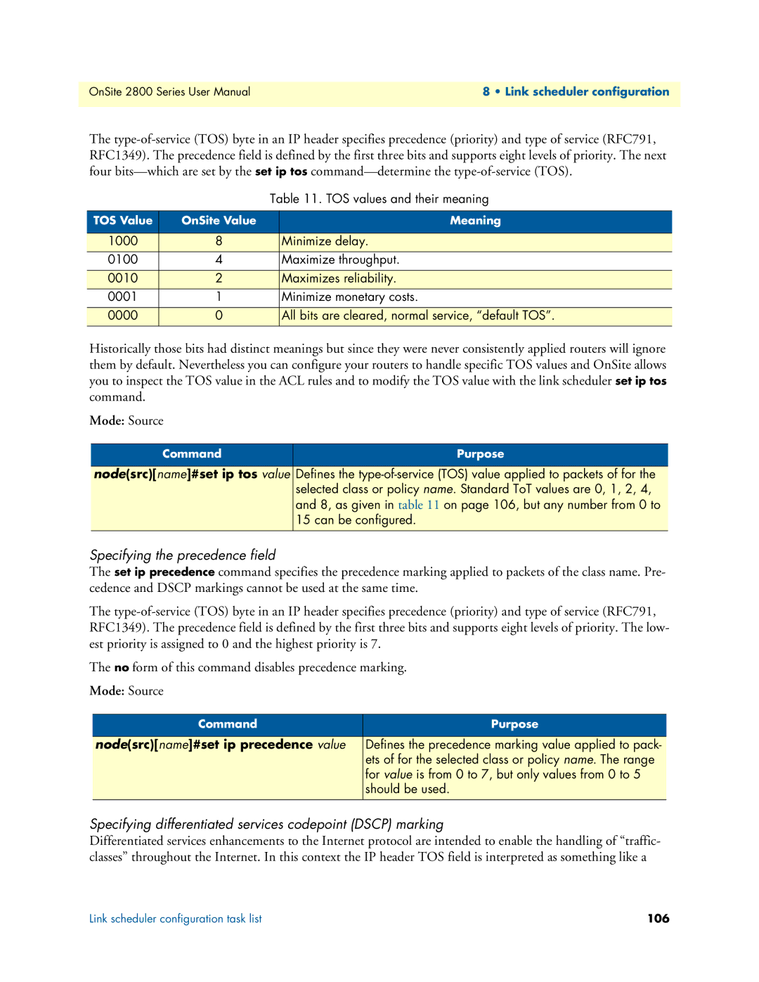 Patton electronic 2800 Specifying the precedence field, Specifying differentiated services codepoint Dscp marking 