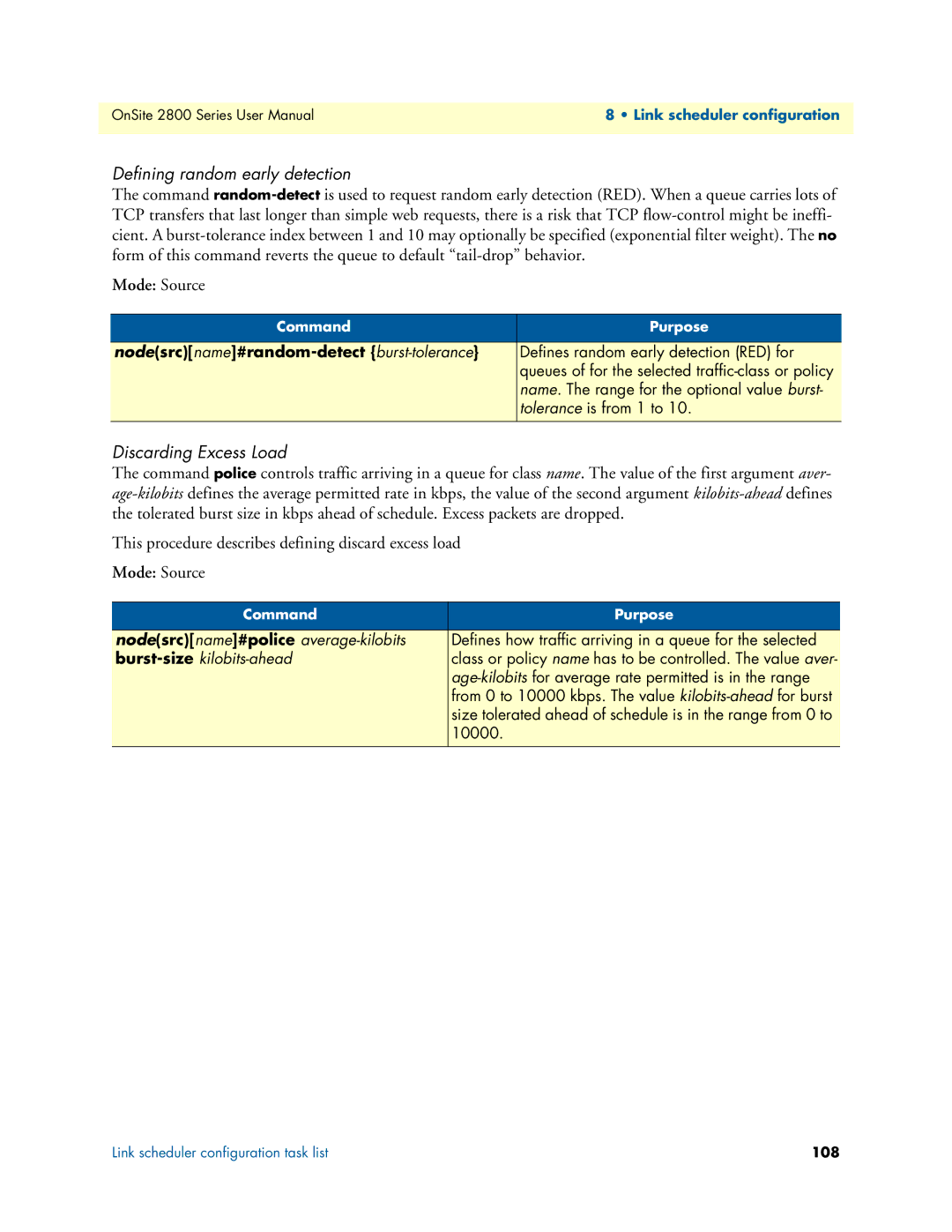 Patton electronic 2800 Defining random early detection, Discarding Excess Load, Nodesrc name#random-detect burst-tolerance 